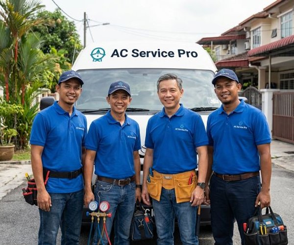 AC Service Pro team standing with service vehicle