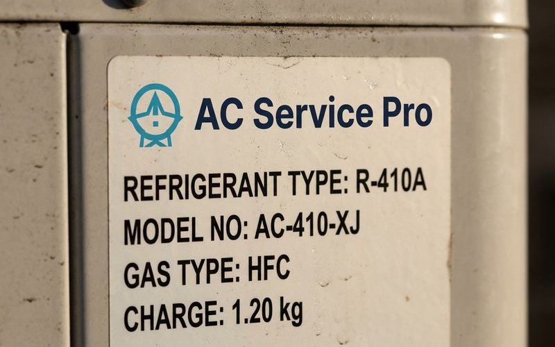 AC sticker showing refrigerant type and model information