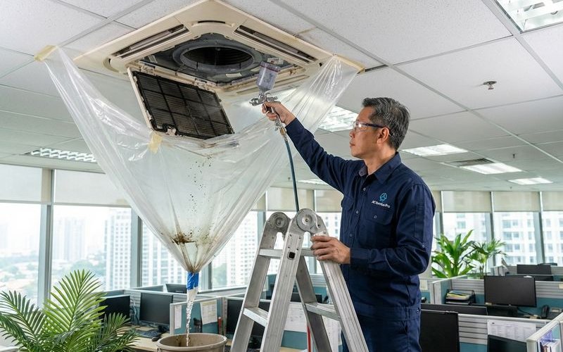 Ceiling cassette aircond being chemically washed by AC technician