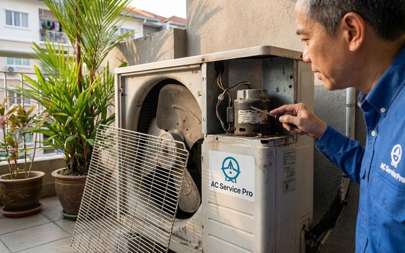 Close up of aircond outdoor compressor unit being checked