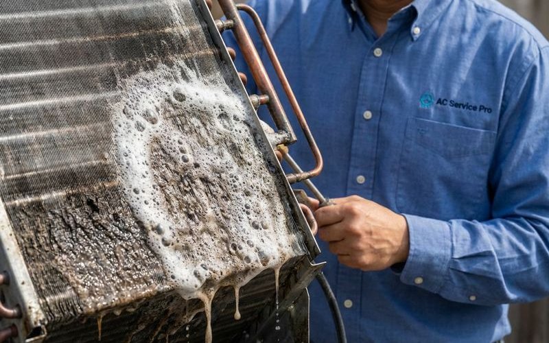 Technician applying chemical solution to aircond evaporator coils during deep cleaning service