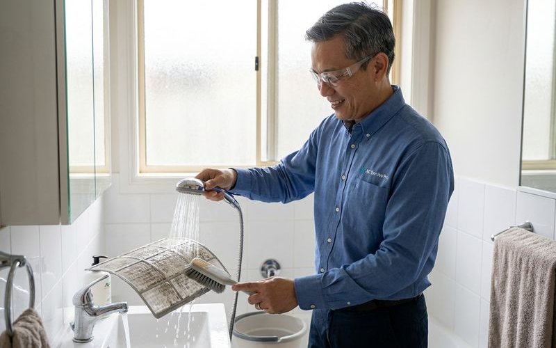 Homeowner safely cleaning aircond filter at home