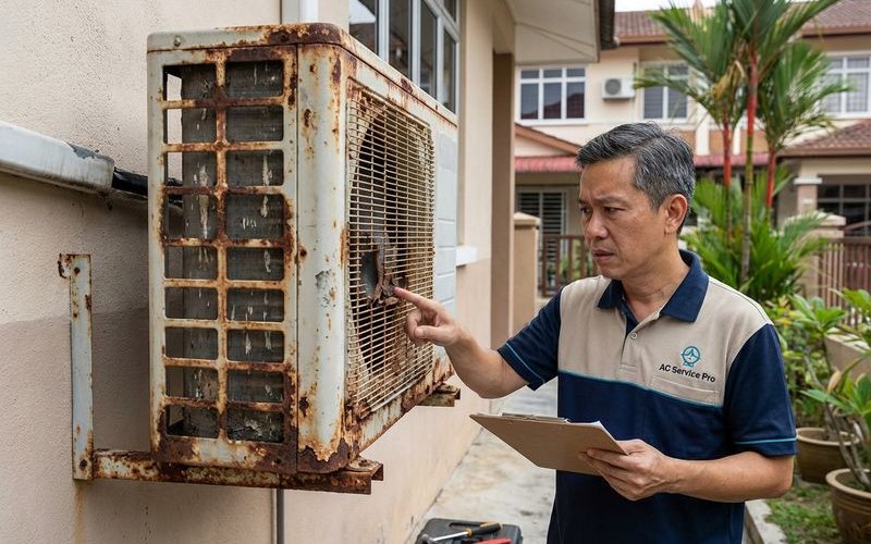 Old rusty aircond outdoor unit showing signs of age and wear