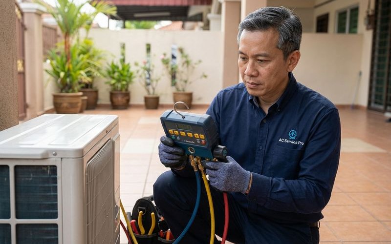 Technician checking aircond refrigerant gas levels using pressure gauge