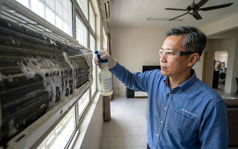 Technician thoroughly cleaning aircond with professional chemical solution