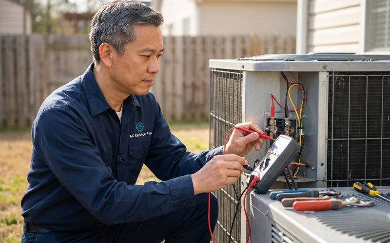 Technician using diagnostic equipment to check aircond electrical components